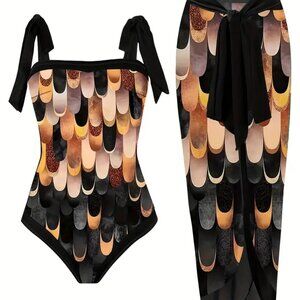 Black Multi Color Swimsuit Tankini Cover up Set